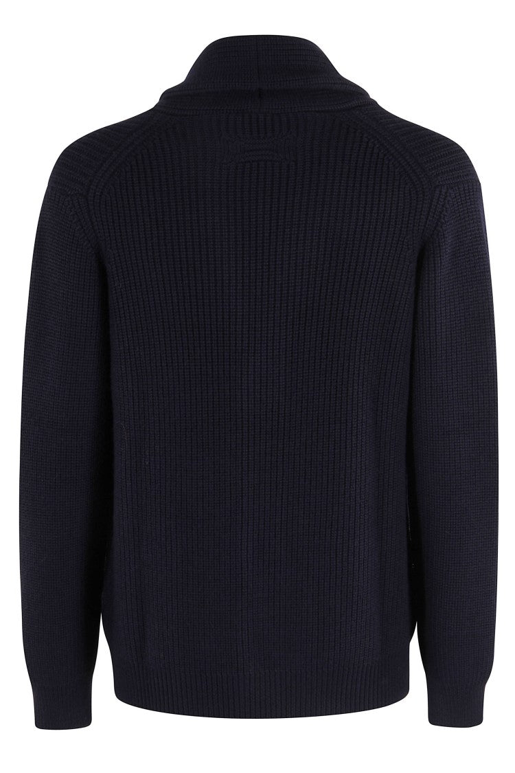 Drumohr Blue Shawl Collar Ribbed Knit Virgin Wool Cardigan