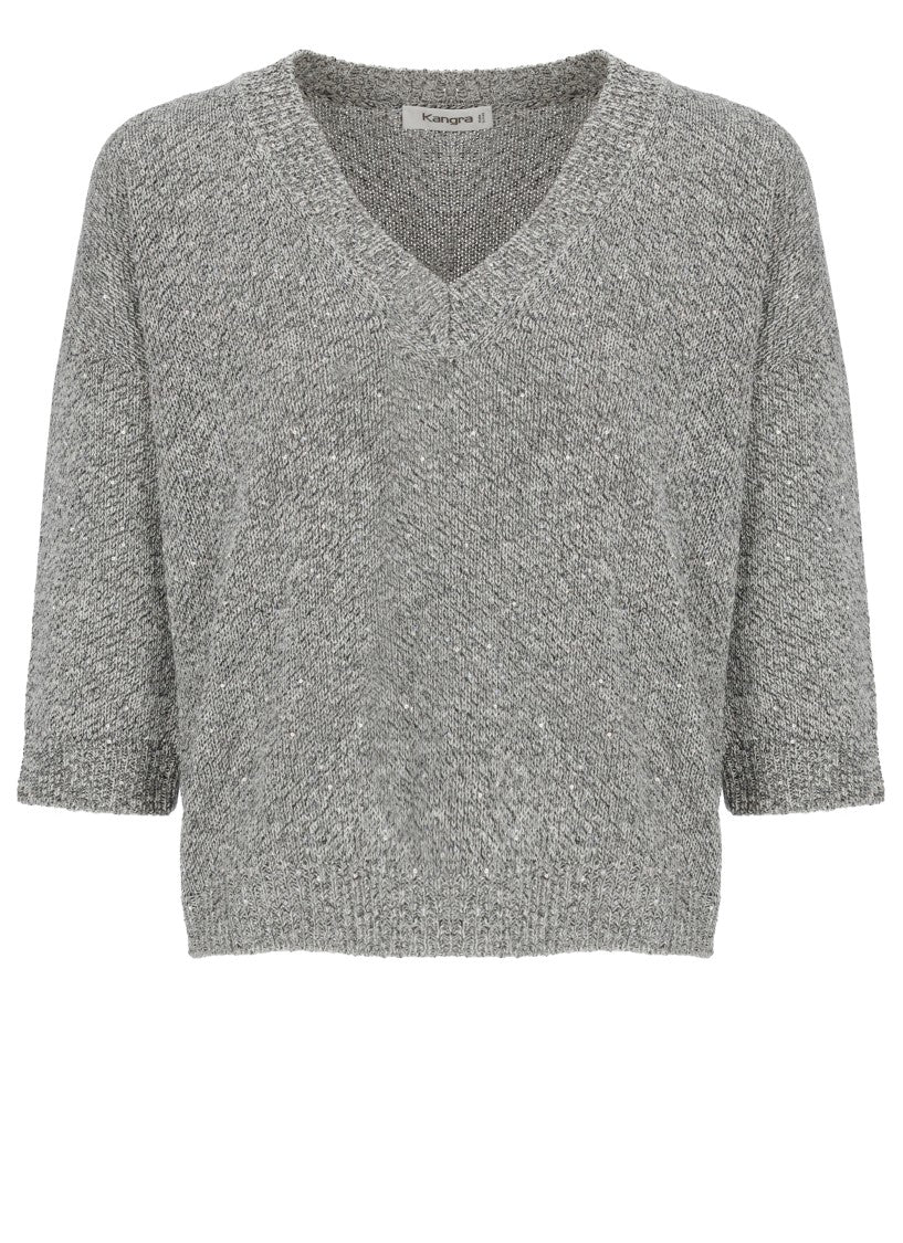 Kangra Grey Cotton-Blend V-Neck Top