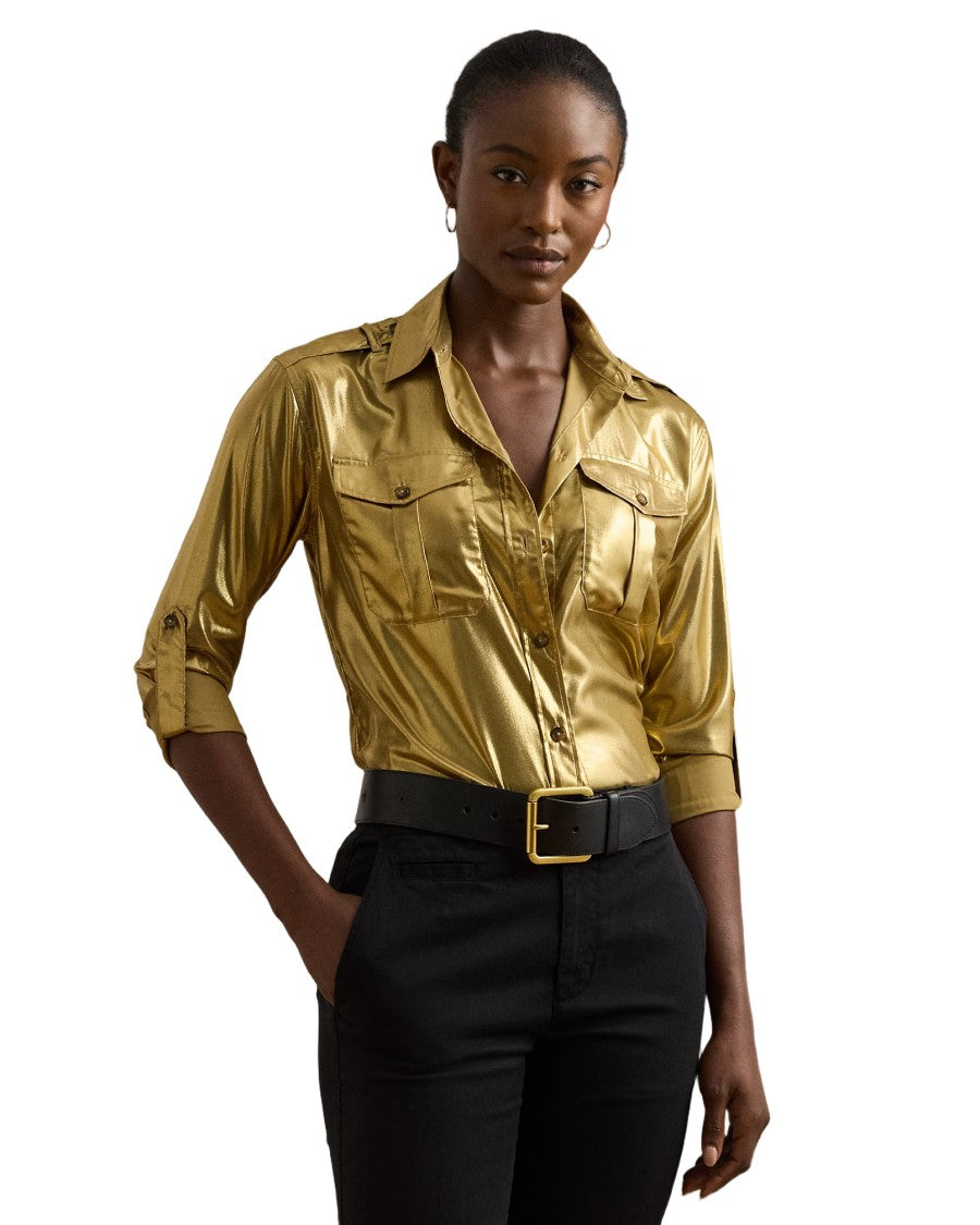 Lauren Ralph Lauren Long Sleeve Gold Foil Button Front Shirt