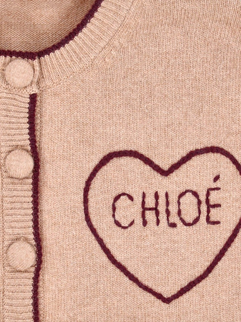 Chloé Button-Down Brown Wool And Cashmere Cardigan With Intarsia Logo
