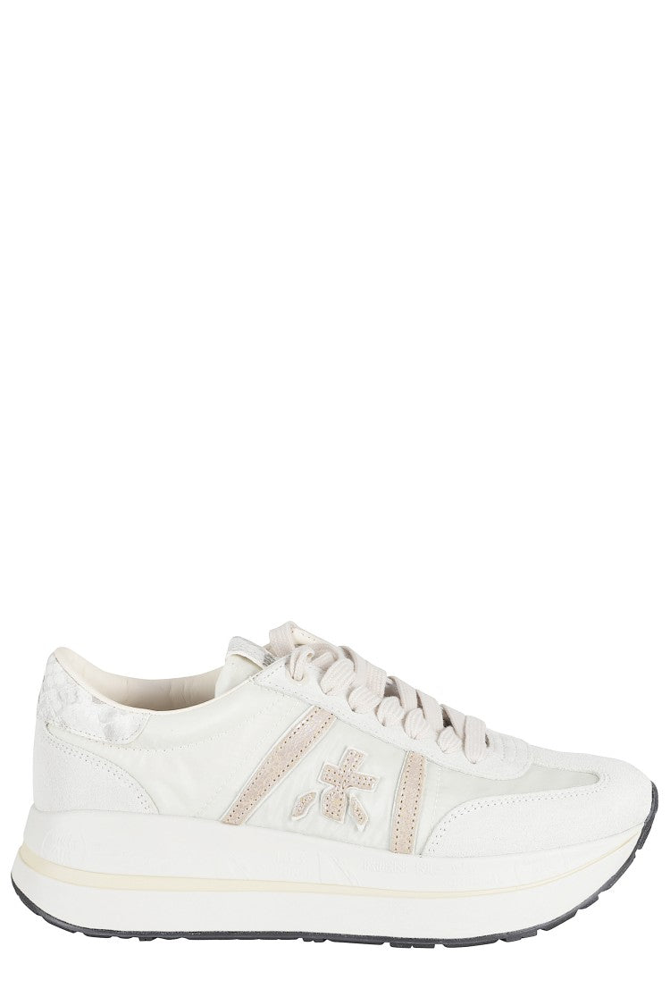 Premiata White Bethcoin 8145 Pink-Logo Leather Sneakers