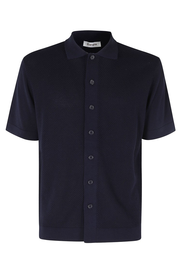 Kangra Blue Pique Work Short Sleeve Ribbed Trim Cotton Sweater Polo Shirt