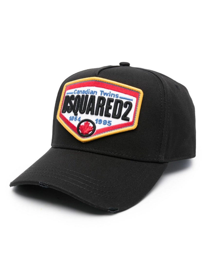 Dsquared2 Distressed Black Cotton Cap With Embroidered Logo
