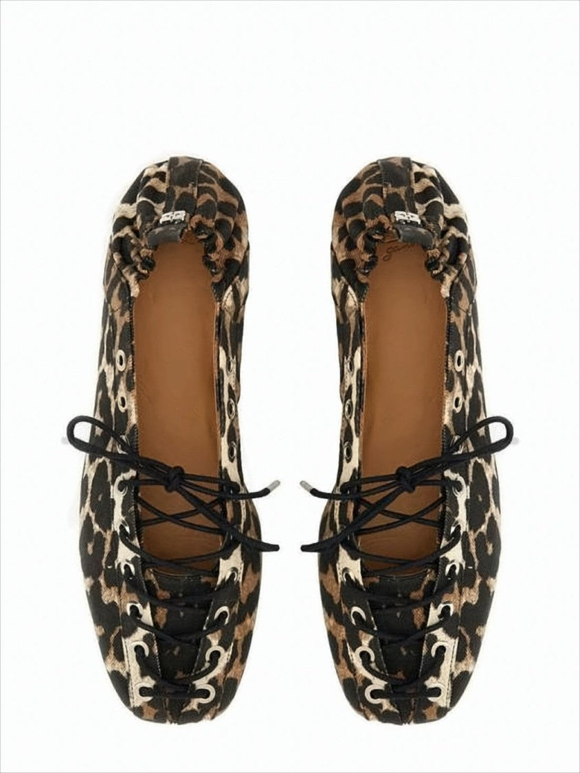 Ganni Leopard Print Lace-Up Flat Shoes With Gathered Back