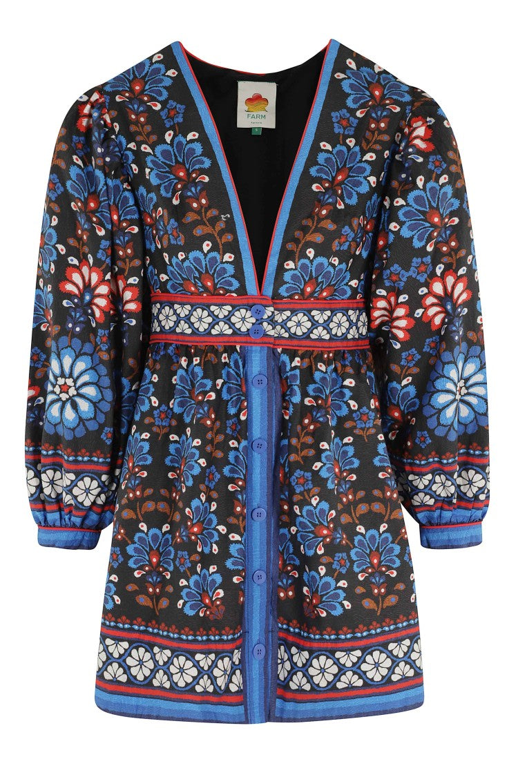 Farm Rio Black Blue Latina Scarf Deep V-Neck Cotton Mini Dress