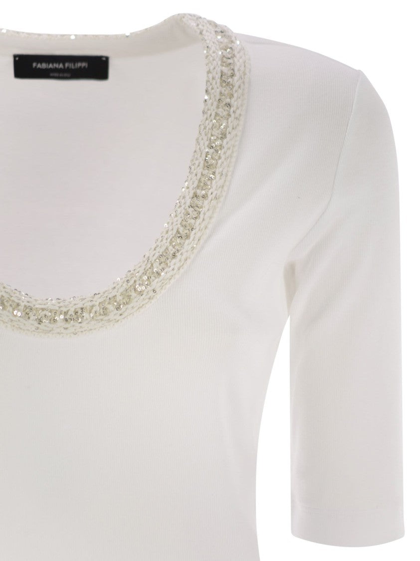 Fabiana Filippi Ribbed Jersey T-Shirt With Contrasting Knit Collar