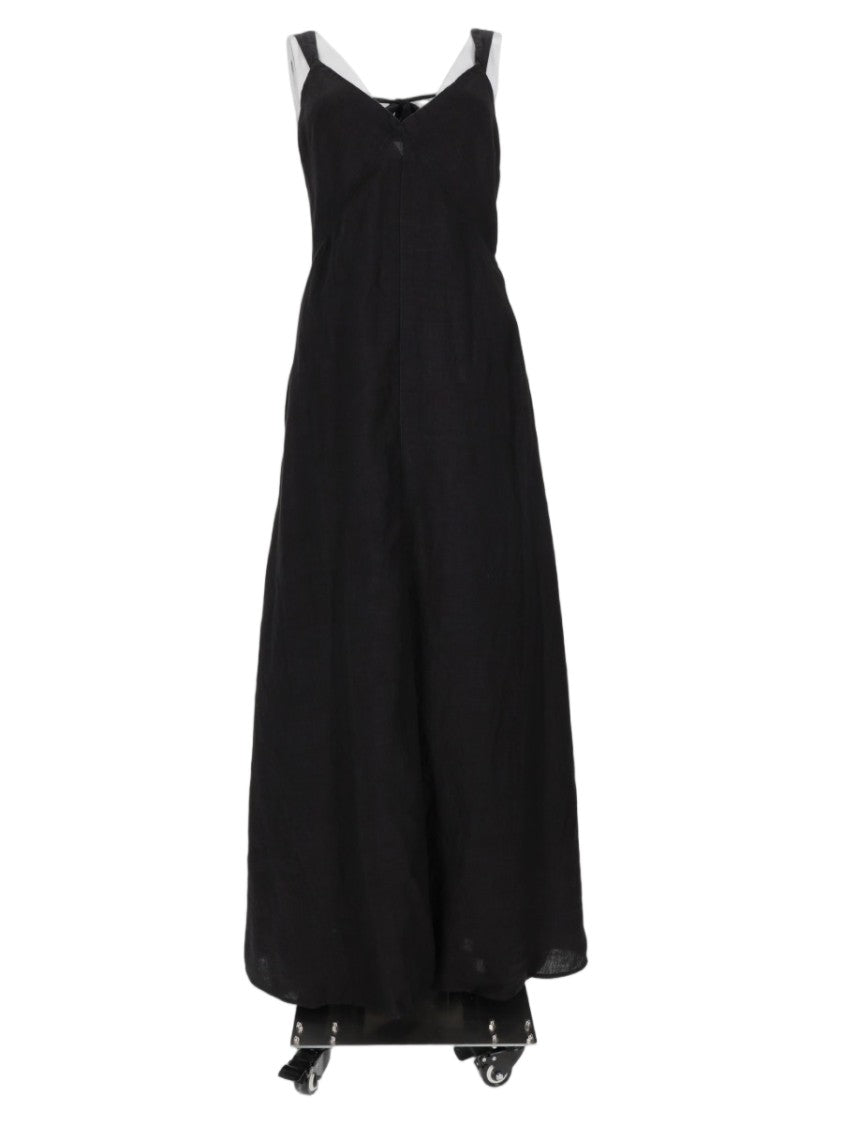 120% Lino Black Sleeveless V-Neck Linen-Silk Blend Midi Dress