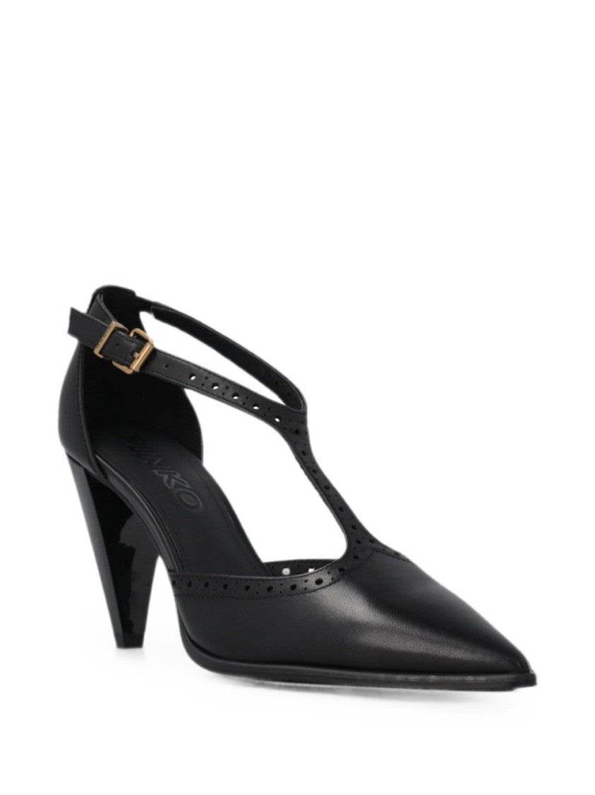 Pinko Black Pointed Toe T-Strap Perforated Pumps