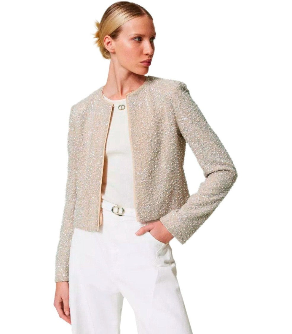 Twin-Set Beige Sequins Cropped Jacket