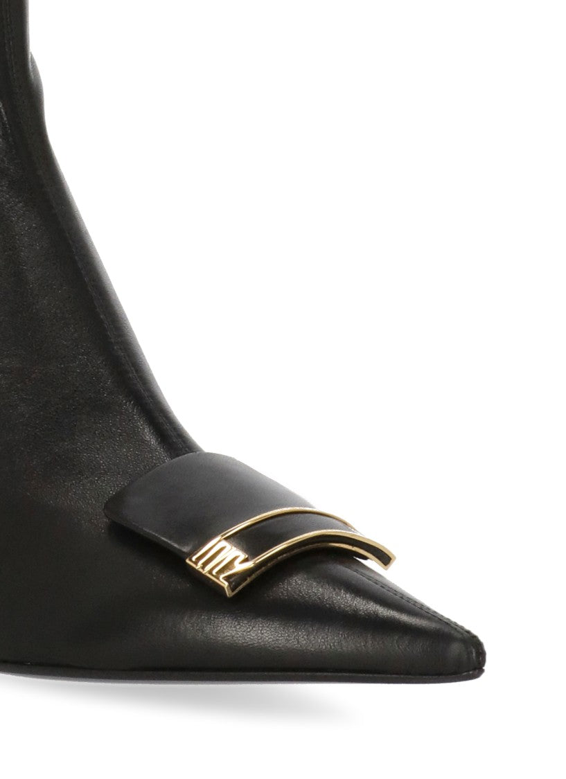 Sergio Rossi Smooth Black Leather Ankle Boot With Gold Front Plaque