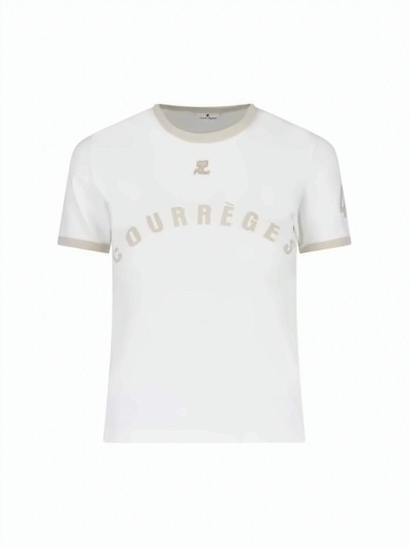 Courrèges Cropped White T-Shirt With Beige Trim And Curved Logo