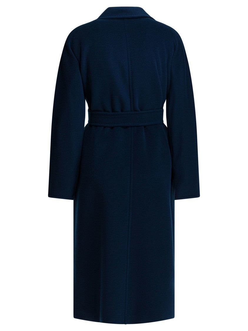 Max Mara Double-Breasted Navy Coat With Belted Waist And Wide Lapels