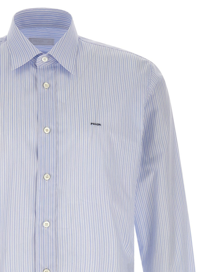 Prada Blue Striped Cotton Poplin Shirt With Logo Embroidery