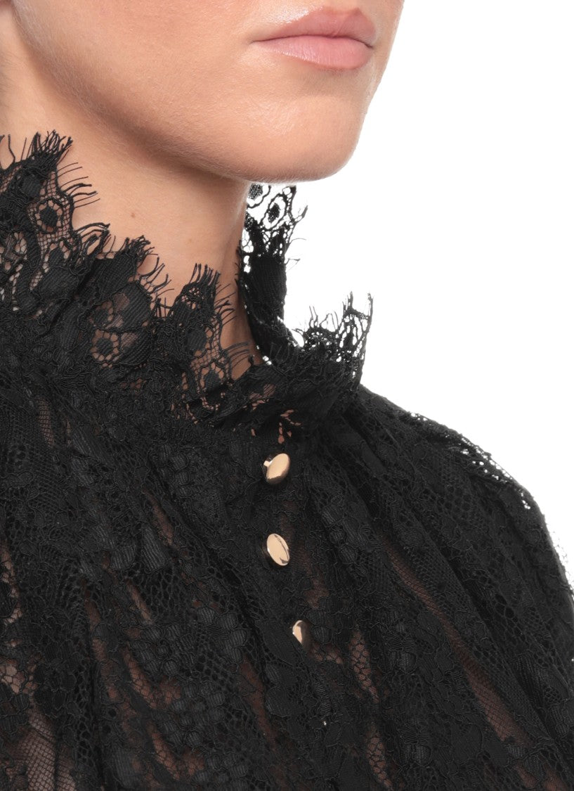 Self-Portrait Delicate Black Lace Shirt With High Collar And Gold Accents