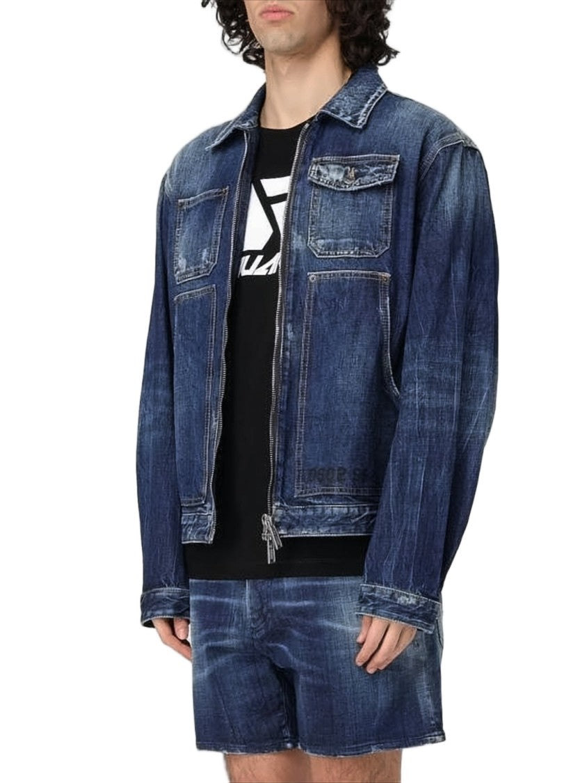Dsquared2 Distressed Denim Jacket With Classic Collar