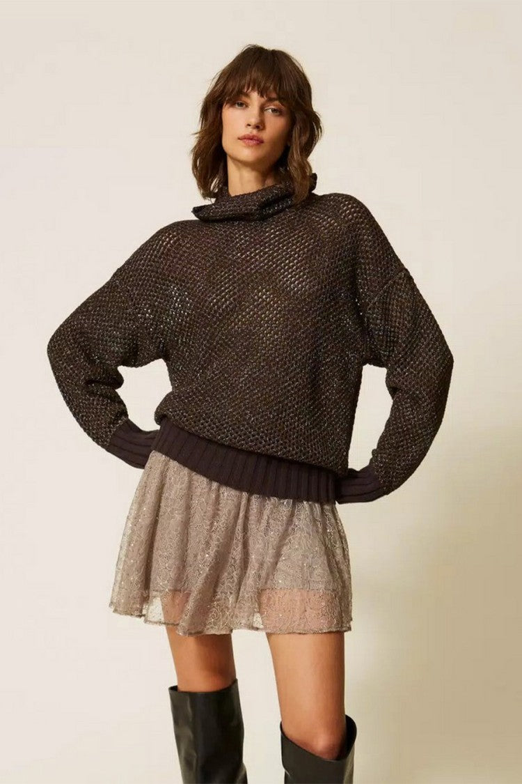 Twin-Set Dark Brown Metallic Honeycomb-Knit Wool-Blend Sweater