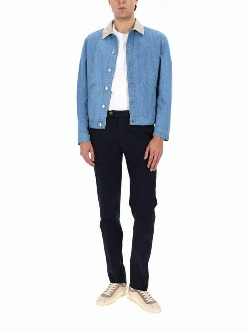 Brunello Cucinelli Light Blue Wash Denim Jacket With Contrasting Beige Collar