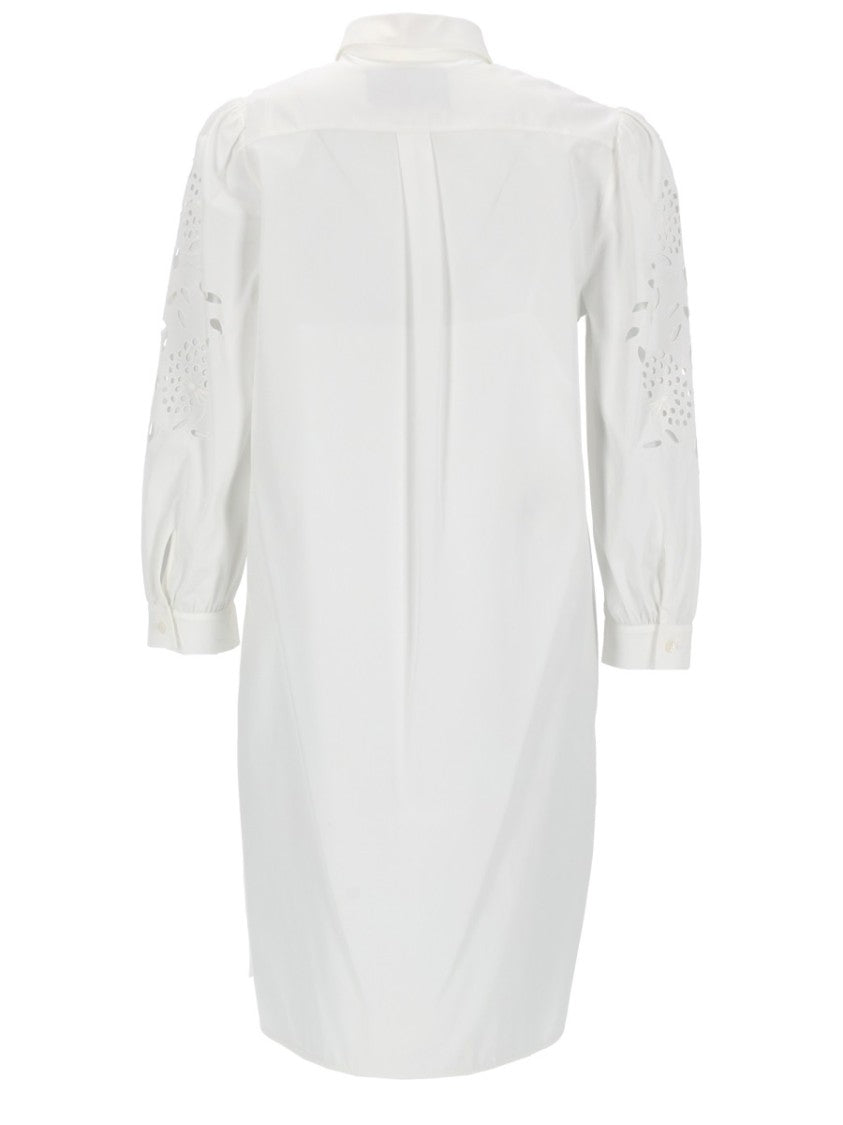 Valentino Crisp Popeline Mini Dress With Scalloped Bib And Embroidered Sleeves