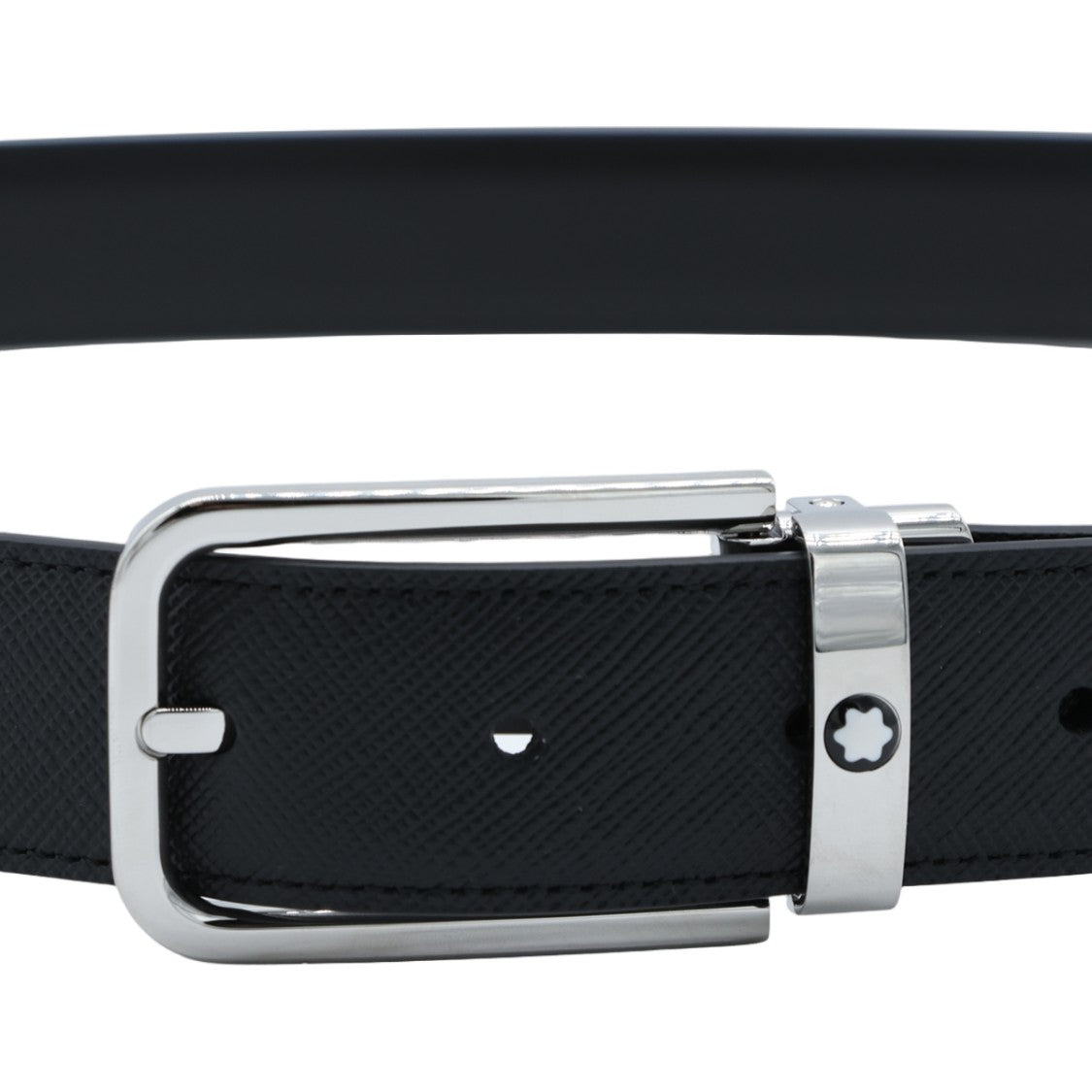 Montblanc Textured Black Leather Belt With Polished Silver Buckle