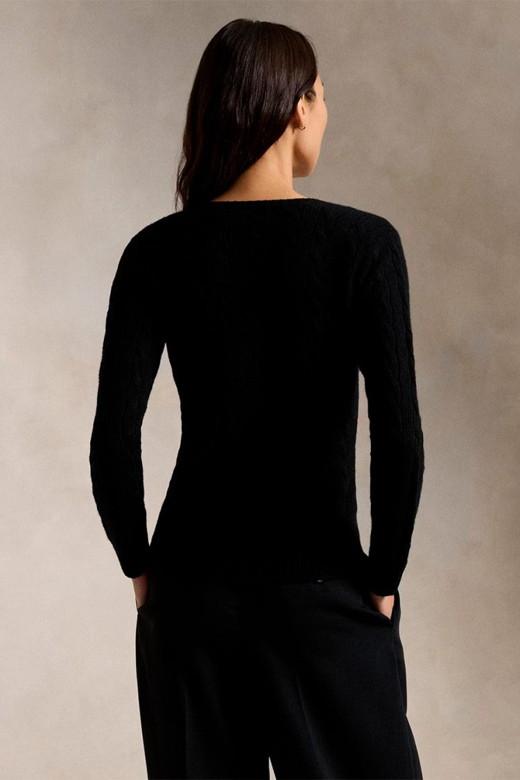 Polo Ralph Lauren Black Wool-Cashmere Blend V-Neck Cable-Knit Sweater
