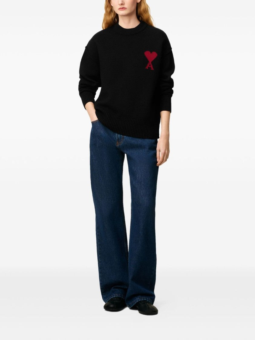 Ami Paris Wool Knit Sweater With Intarsia Heart Motif