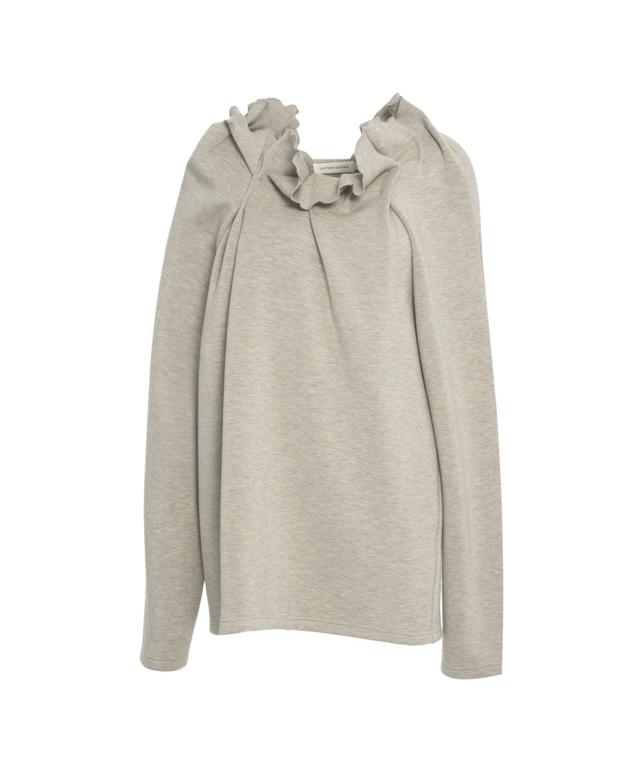Viktoria Chan Light Grey Sweatshirt With Distinctive Ruffled Neckline