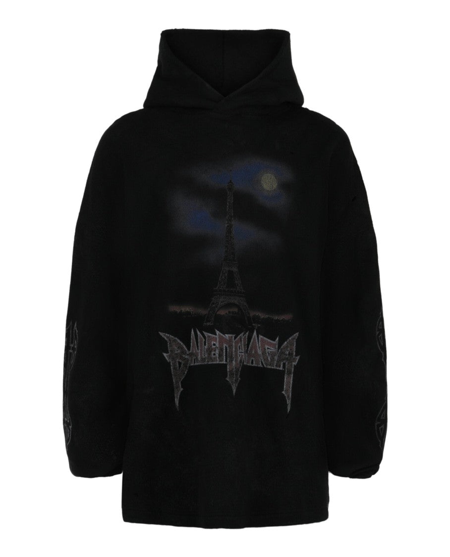 Balenciaga Oversized Fleece Hoodie With Vintage Eiffel Tower Graphic