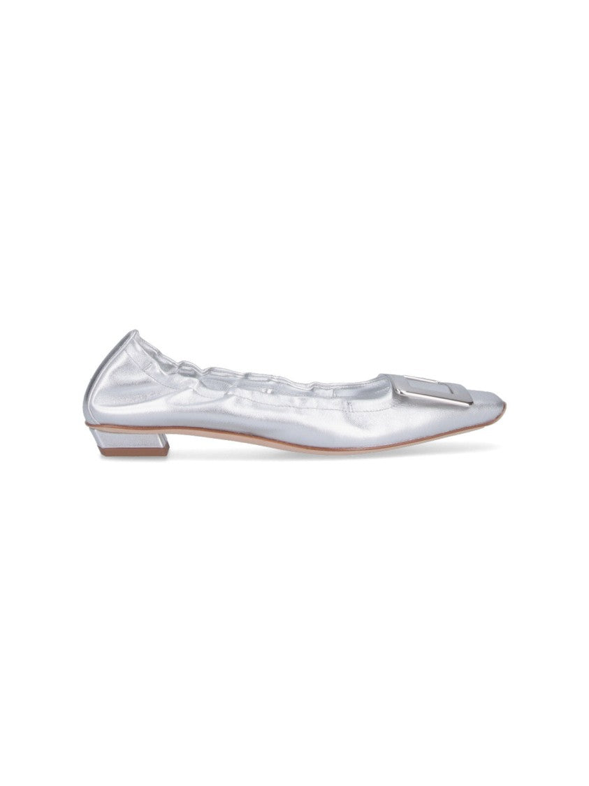 Roger Vivier Metallic Silver Leather Ballerina Flats With Draped Detailing
