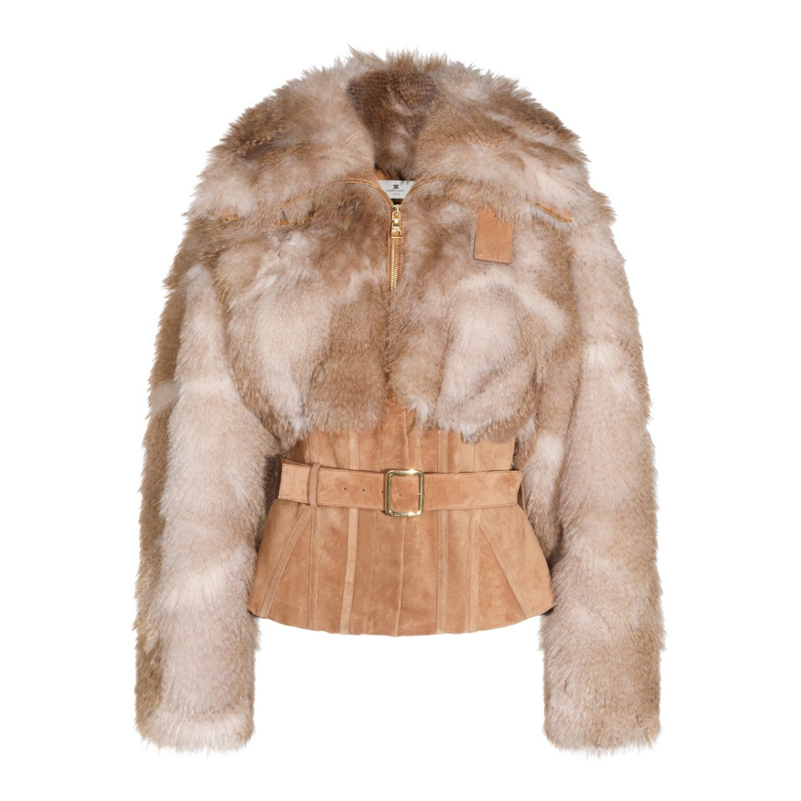 Elisabetta Franchi Beige Corset-Inspired Fur Jacket With Belted Waist