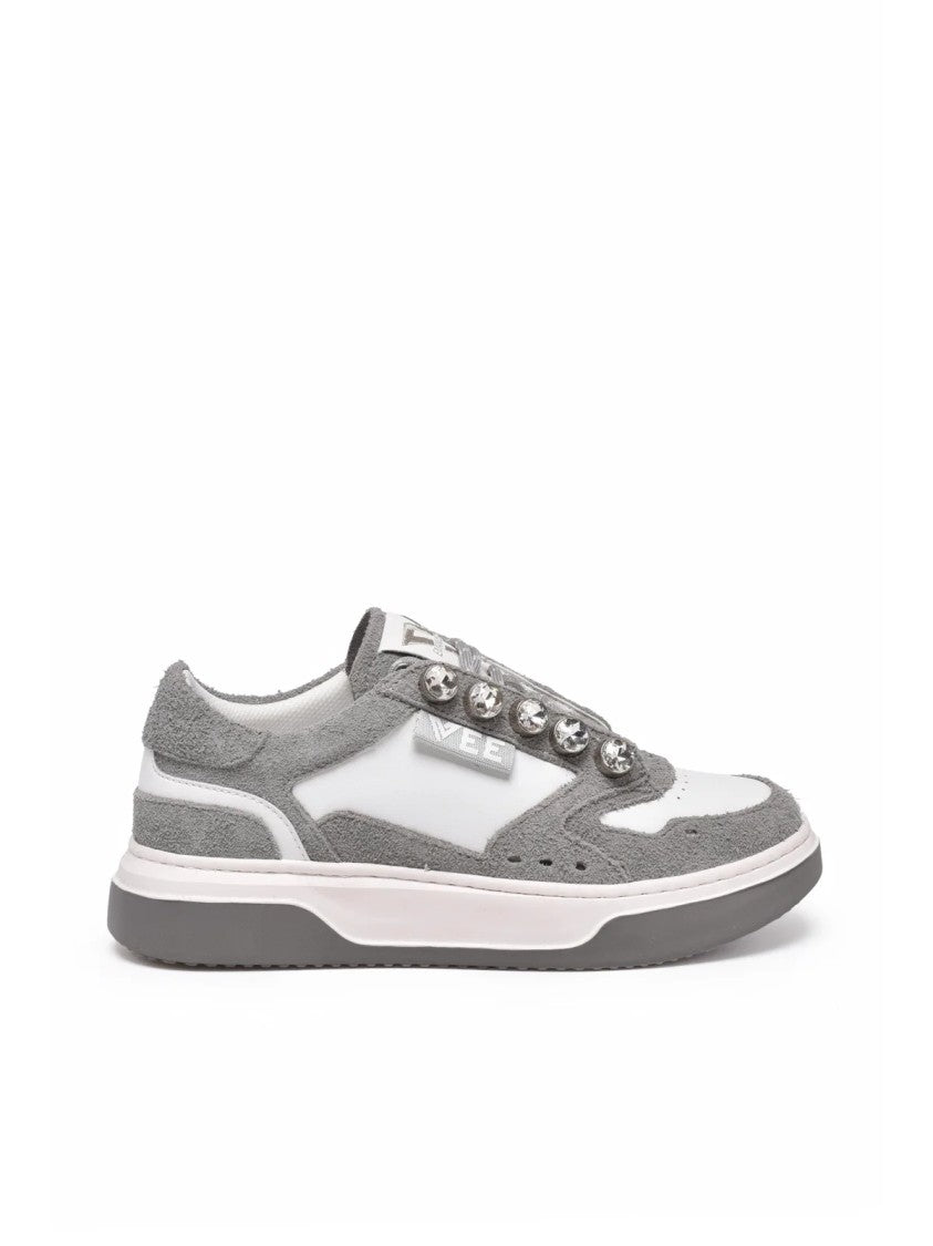Emanuélle Vee White/Grey Suede Jewel Loop Low-Top Sneakers