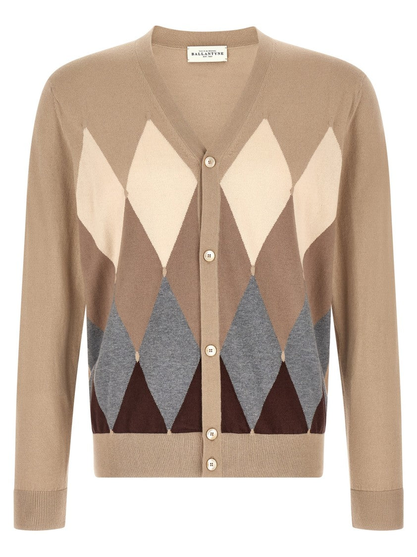 Ballantyne Argyle Jacquard Cardigan In Cotton Cashmere Blend