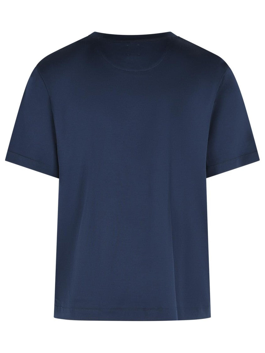 Eleventy Ribbed Crew Neck Blue Cotton T-Shirt With Side Slits