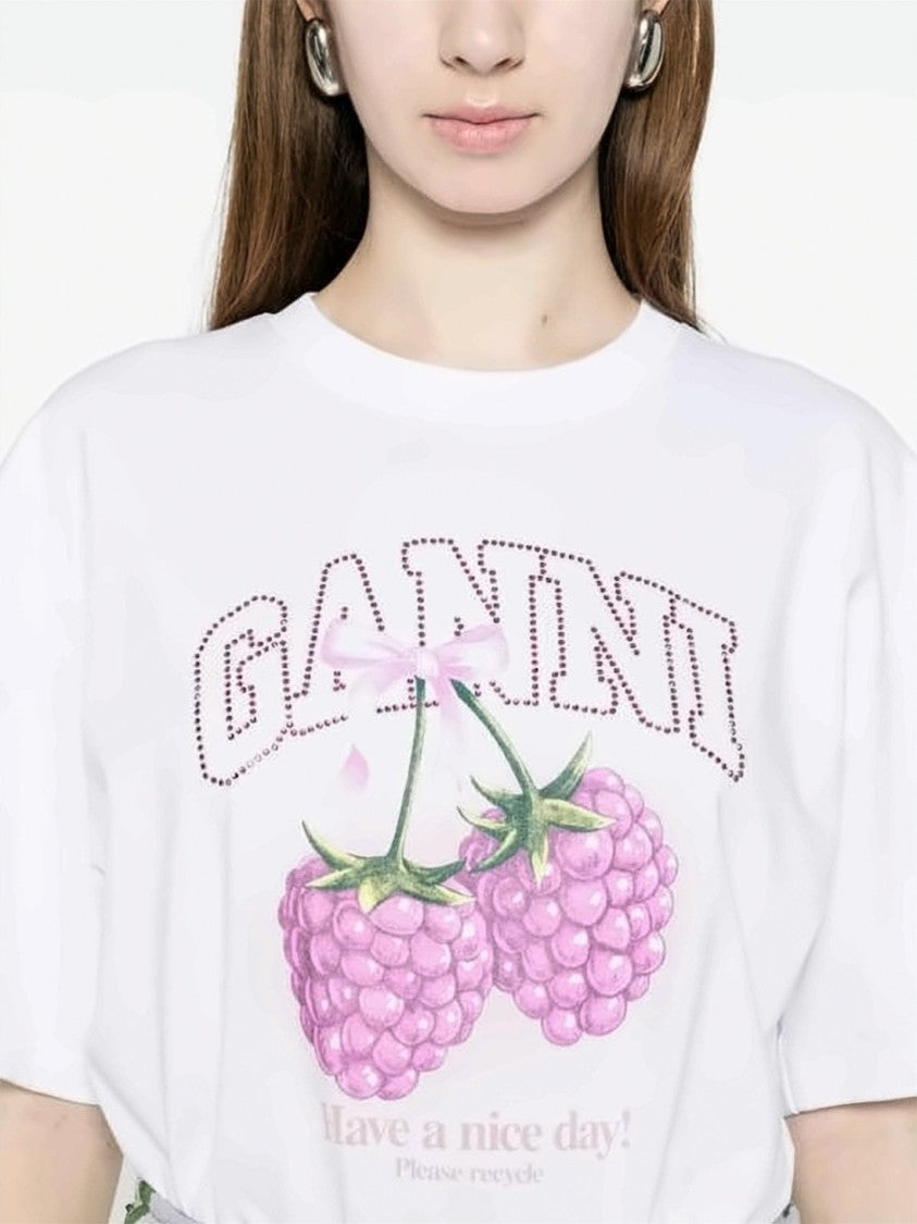 Ganni Relaxed-Fit Short-Sleeved T-Shirt With Raspberry Graphic