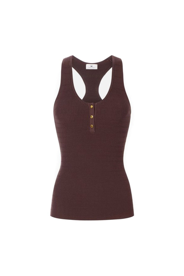 Elisabetta Franchi Brown Braided Ribbed Gold-Button Placket Lyocell-Blend Tank Top