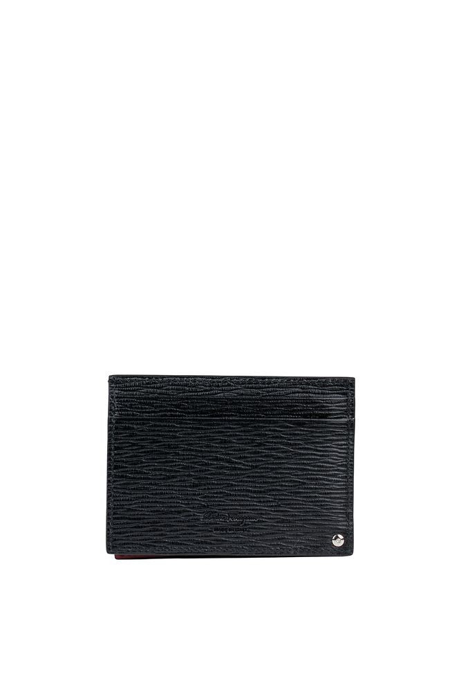 Salvatore Ferragamo Textured Black Leather Wallet With Red Interior