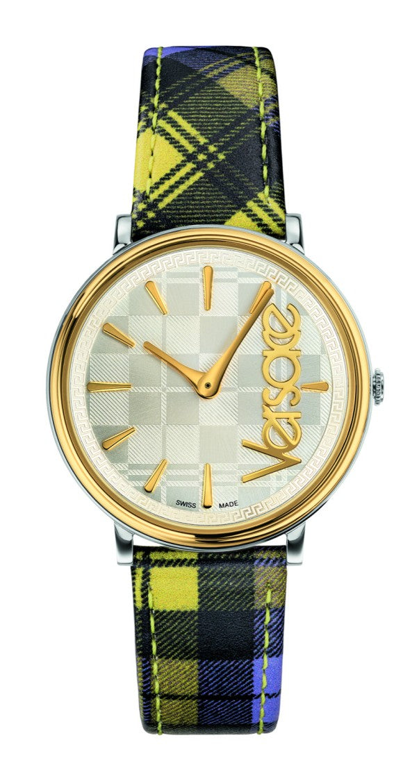 Versace Polished Stainless Steel Versace V-Circle Watch With Plaid Leather Strap