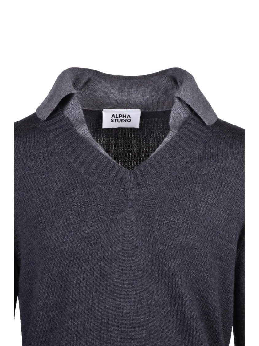 Alpha Studio V-Neck Long Sleeve Knit Sweater With Ribbed Cuffs