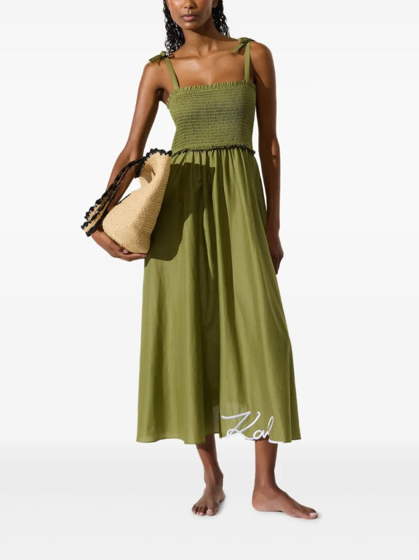 Karl Lagerfeld Midi Dress With Smocked Bodice And Square Neckline