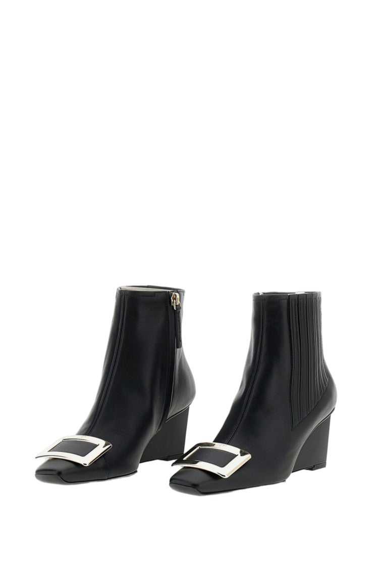 Roger Vivier Black Pointed-Toe Square-Buckle Ankle Boots
