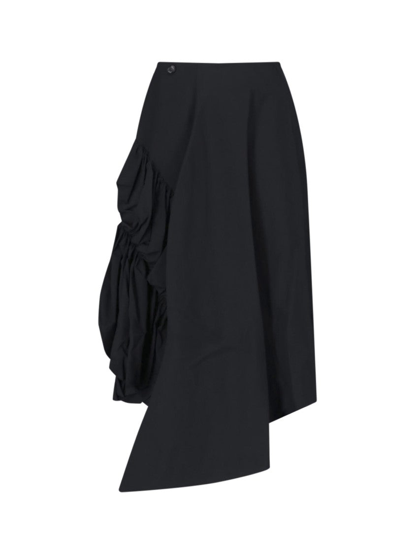 Comme Des Garçons Asymmetric Midi Skirt With Draped Detailing In Black Wool