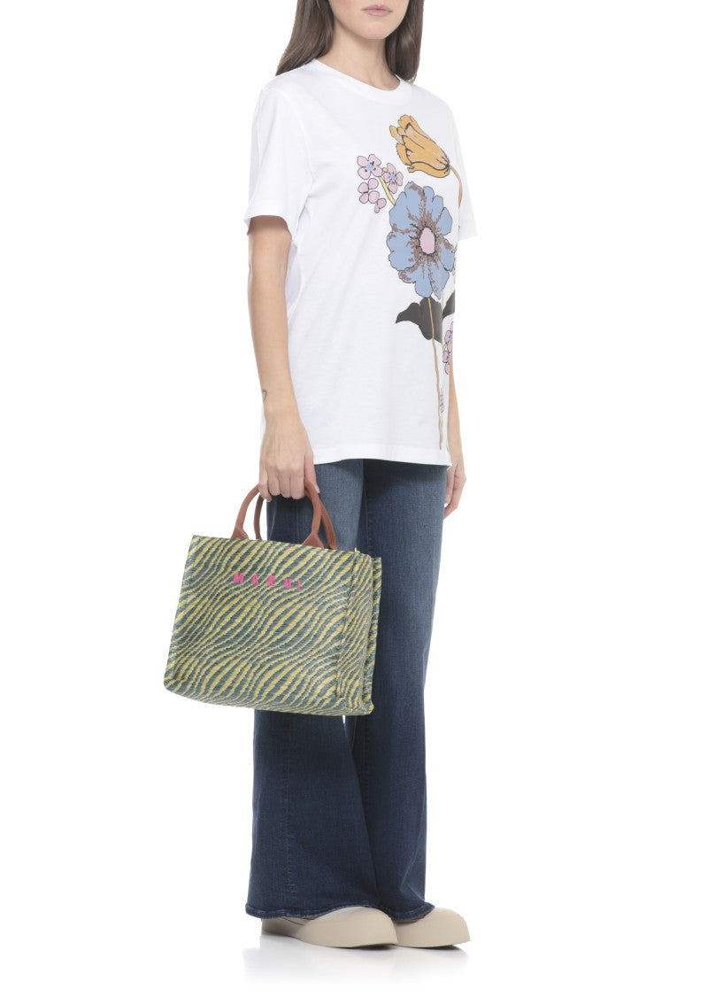 Marni Rectangular Shopping Bag With Contrasting Logo And Striped Pattern