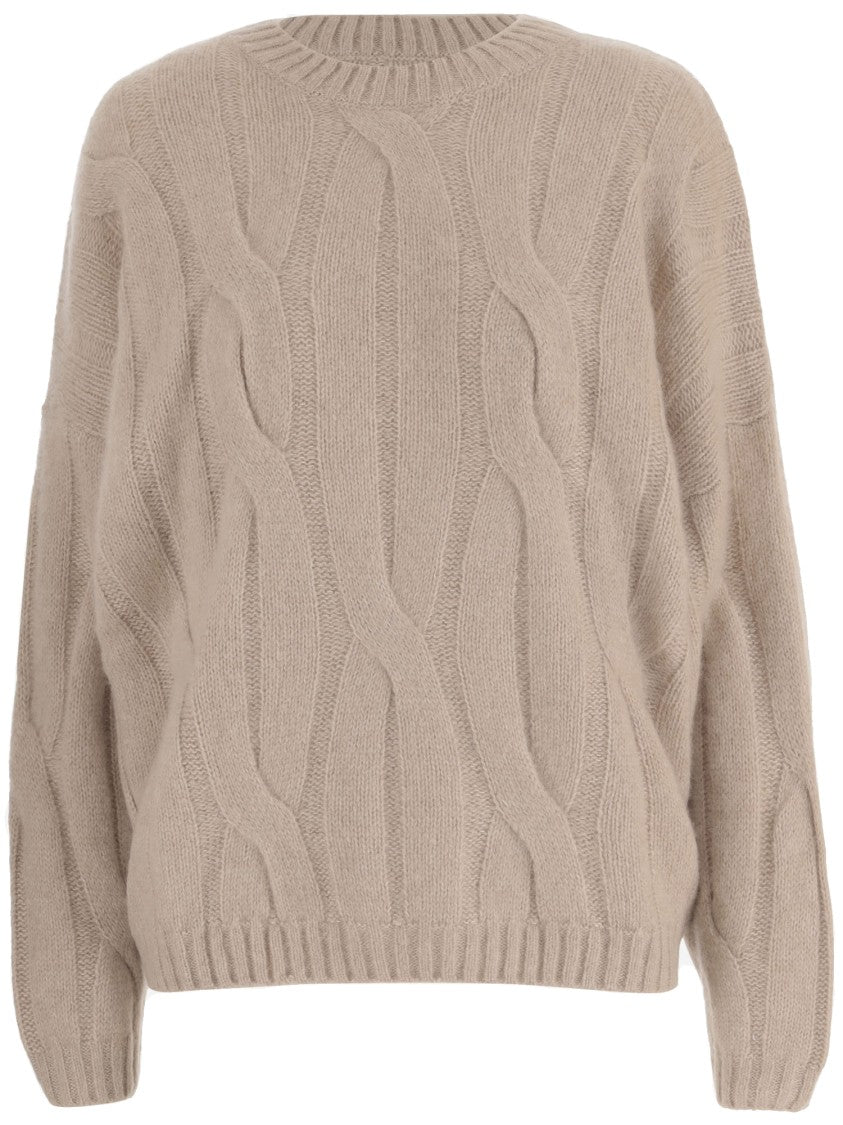 Allude Beige Cable Knit Cashmere Silk Crew Neck Sweater