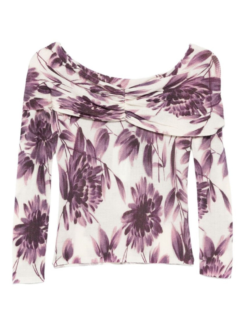 Twin-Set Floral Print Off-Shoulder Long-Sleeve Sweater