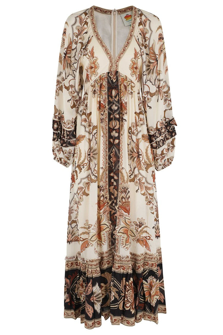 Farm Rio Beige Majestic Garden Sand V-Neck Viscose Maxi Dress
