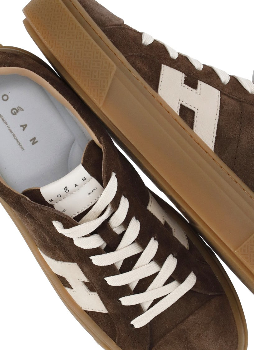 Hogan Low-Top Brown Suede Leather Sneakers With Ivory Logo