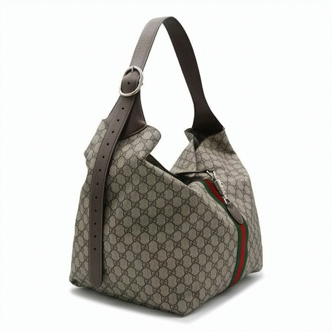 Gucci Beige Monogram Canvas Medium Shoulder Bag With Web Stripe