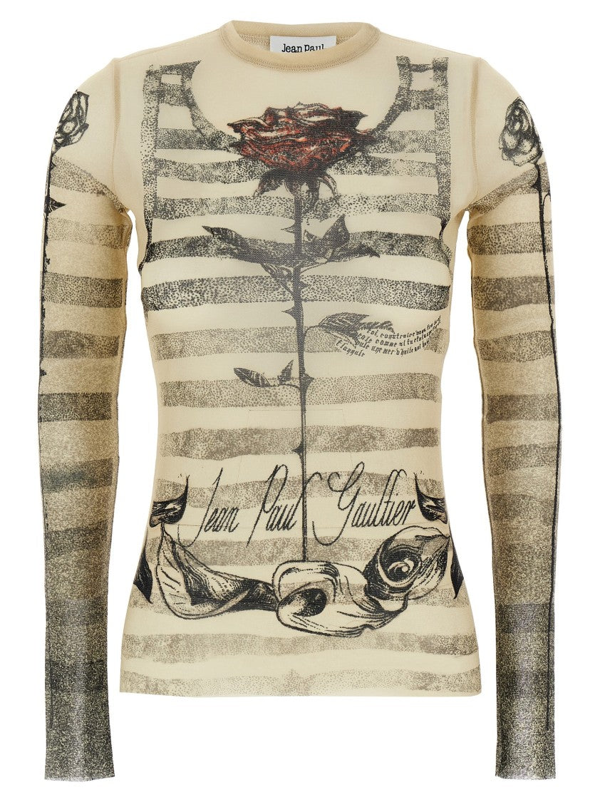 Jean Paul Gaultier Printed Stretch Tulle Top With Crew Neck