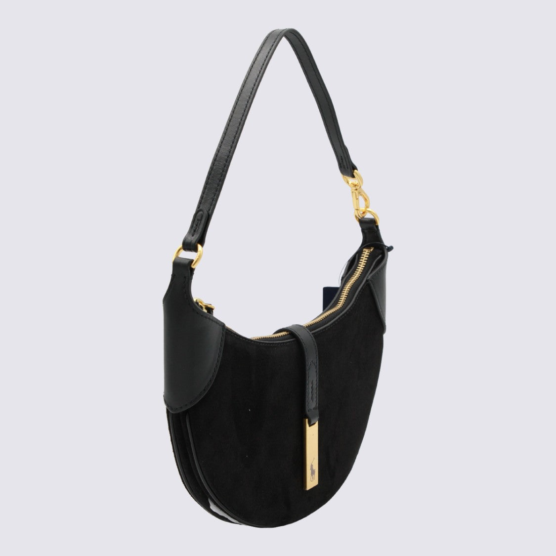 Polo Ralph Lauren Crescent-Shaped Handbag In Black Suede With Gold Accents
