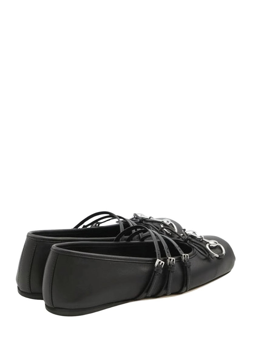 Gucci Black Leather Ballet Flats With Square Toe