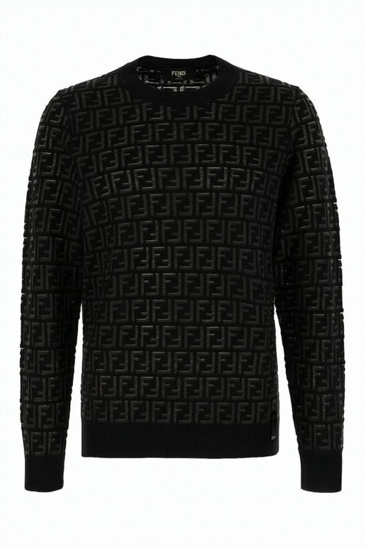Fendi Textured Black Knit Sweater With Geometric Pattern